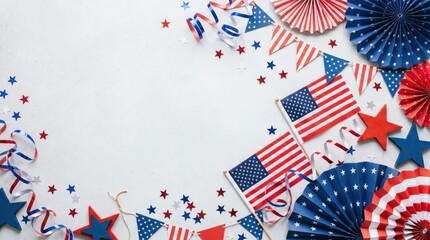 Obraz premium Festive decorations with American flags, stars, and red, white, and blue paper fans arranged on a white background for a patriotic celebration.