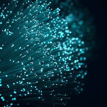 Fiber Optic Bundle Teal Glowing Tips Bokeh Dark Background Squar