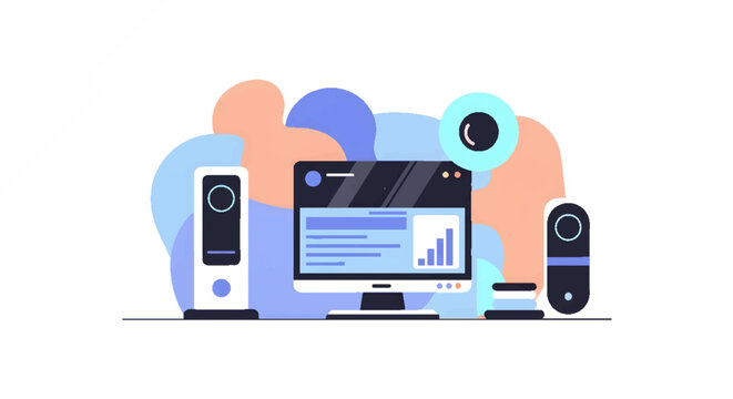 Modern computer setup with monitor, speakers, and abstract background, representing technology and digital workspace