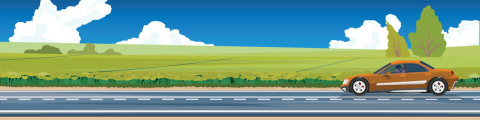Fototapeta premium Horizontal and landscape view of sedan car driving on asphalt road. Background of green hills and trees under blue sky and white clouds at day time.