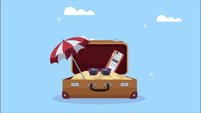 Animated vacation suitcase opening with beach umbrella sunglasses and flight ticket icons over blue background.