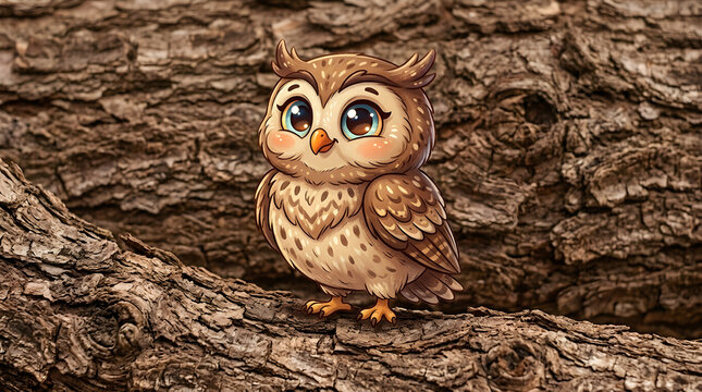 Cute Cartoon Owl Perched on Tree Trunk with Big Eyes.