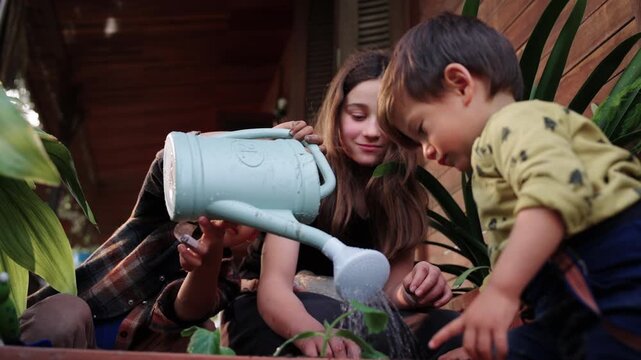 Close up of multiethnic children hands pressing soil around young seedling in garden planter learning plant care sustainability and teamwork outdoors