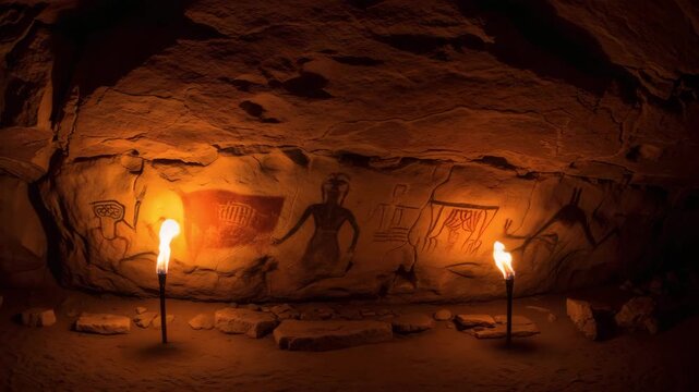 Ancient cave paintings illuminated by torches in a dark cavern  