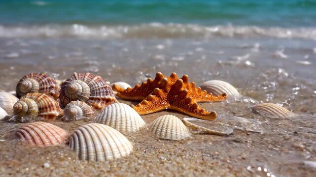 Variety of seashells and orange starfish scattered across a fine, light beige sand surface, creating a natural coastal beach scene background suitable for summer themes.