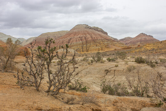 Beautiful panoramic landscape of colorful  layered Aktau Mountains