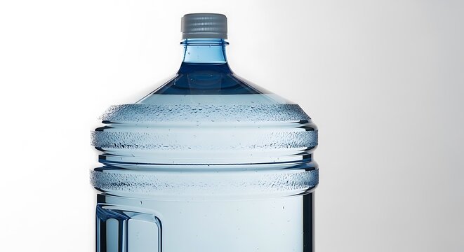 Large plastic water bottle container with blue liquid for office cooler and home drinking hydration.5 gallon