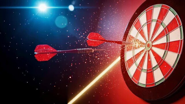 Professional player throwing dart into bullseye on board. Competitive sport game strategy and success. Accurate hit and achievement concept in indoor arena setting.