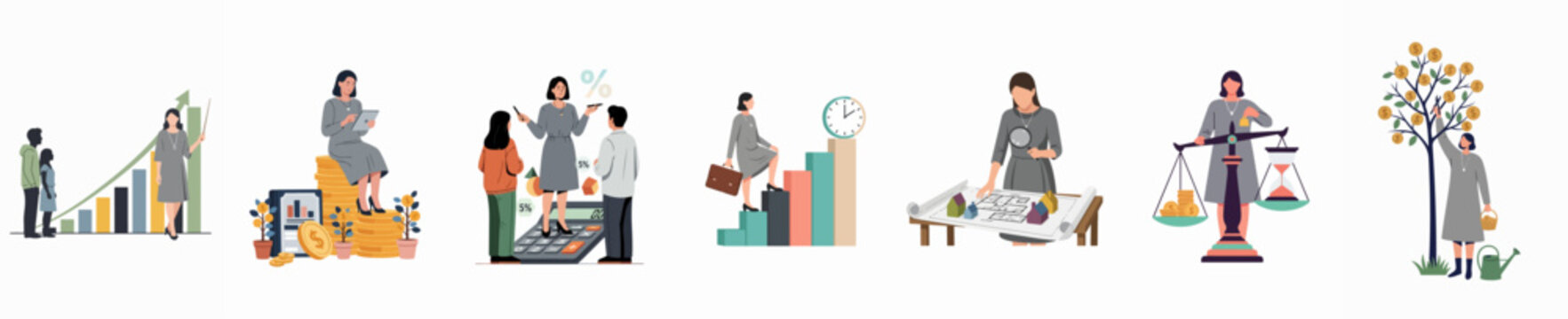 Set of business and financial management conceptual illustrations featuring a professional woman managing investments, growth, time, and real estate.