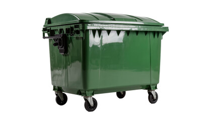 Isolated large clean green plastic wheeled waste bin with closed lid for modern garbage collection. © Niamh