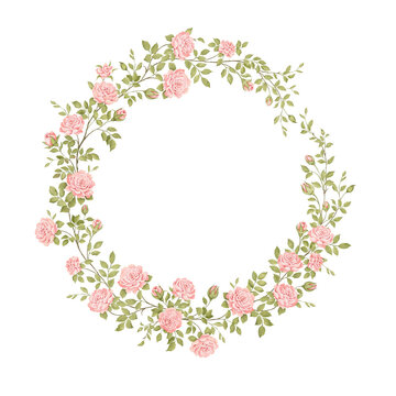 Watercolor vintage frame of delicate branches with pink roses, buds and green leaves. Isolated wreath for invitation or greeting cards, message or background in your design, hand-drawn floral print.