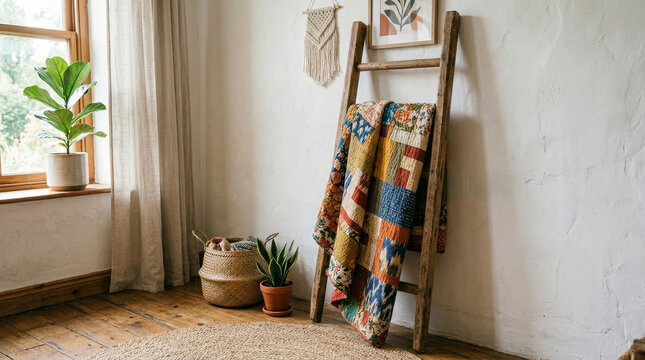 A cozy corner showcases a wooden ladder with a colorful quilt draped over it, accompanied by plants and woven baskets, exuding a warm, inviting atmosphere.