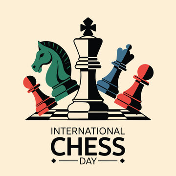 International Chess Day with a central king, knight, queen, and two pawns on a chessboard 