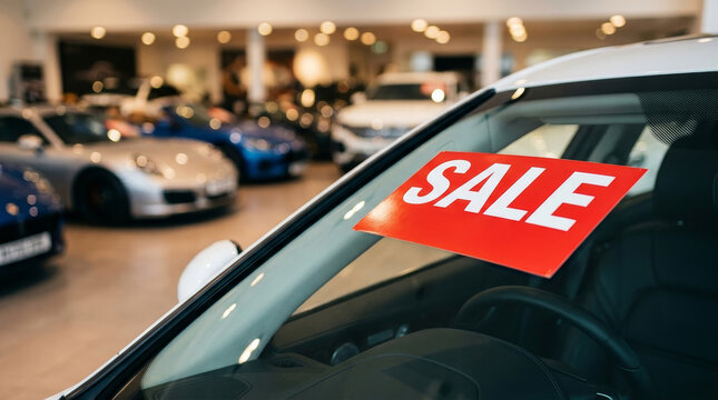 A close-up view of a car with a bright red SALE sign, set against the backdrop of an upscale car dealership displaying various luxury vehicles.