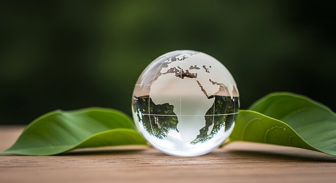 Crystal ball reflecting wooden house on green leaves background