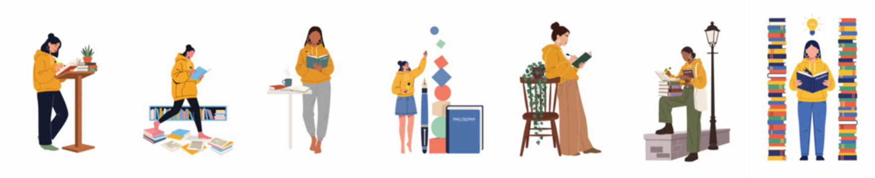 Collection of diverse young women studying philosophy, reading books, and taking notes in flat vector illustration style for educational and academic themes.