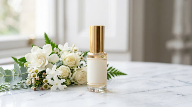 A chic perfume bottle with a golden cap sits elegantly on a marble table, accompanied by a bouquet of white flowers and greenery.