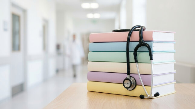 A stack of colorful medical textbooks rests on a table, topped with a stethoscope, set against a blurred hospital corridor.