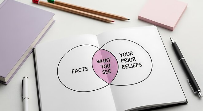 Venn diagram on notepad illustrating perception and facts comparison with office supplies