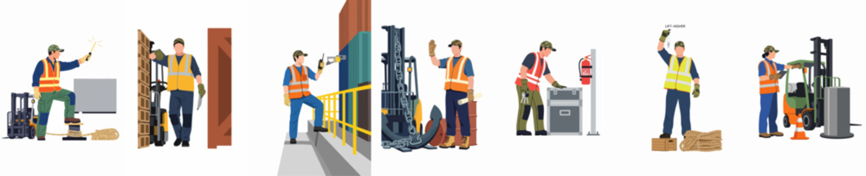 Collection of logistics and port workers in safety gear performing various tasks like operating forklifts, signalling, and managing cargo in a warehouse setting.