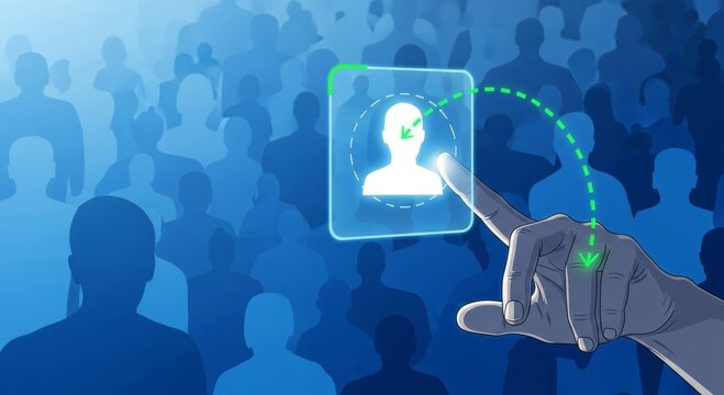 Digital hand finger tap glowing user avatar hologram for targeting audience personalization marketing automation system data technology selection management client engagement communication.