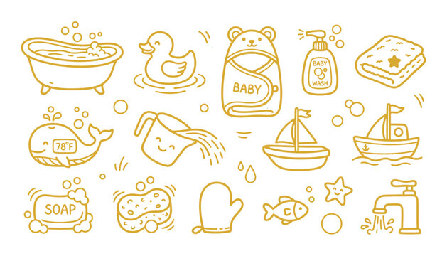 Cute baby bath time doodle icons set for childcare products and nursery design