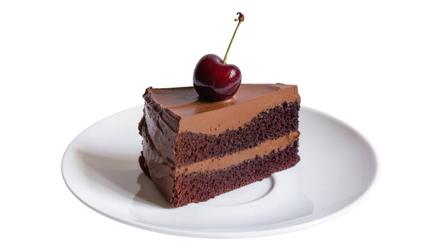Isolated delectable chocolate cake slice with rich frosting and fresh cherry on a plate