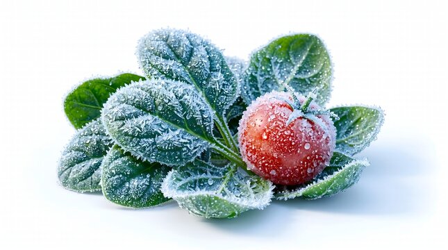 Single red cherry tomato resting on green spinach leaves covered in frost crystals against a plain white background in a macro studio photograph.