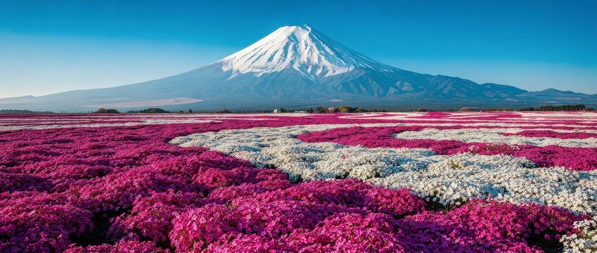 Mount Fuji with vibrant pink and white moss phlox flowers in spring