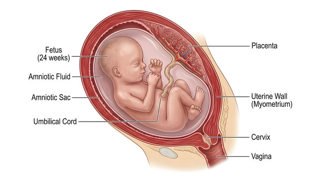 Detailed illustration of a 24-week-old fetus inside the uterus with labeled anatomical structures.