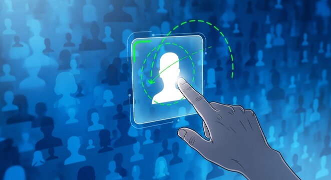Businessman hand pointing at glowing holographic icon of client profile. Concept of marketing automation system for audience targeting personalization and digital customer engagement.
