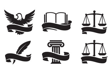 Obraz premium law and justice symbols with ribbons black silhouettes on white background