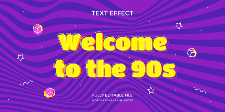 Text effect Flat 90s Text effect. 
90s retro text effect with welcome message on purple cosmic background