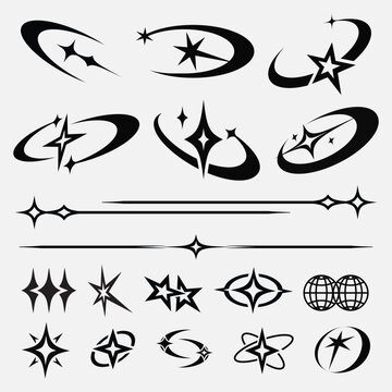 Y2K Star Vector Set Abstract Futuristic Sparkle Orbit Symbols