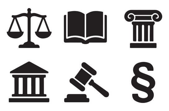 Law and justice icons set black silhouette on white background