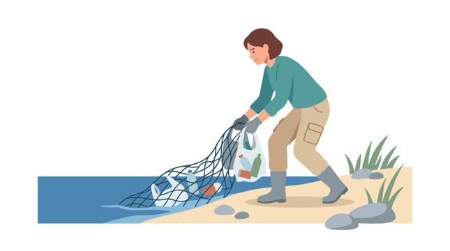 Young fisherman with net standing by riverbank.