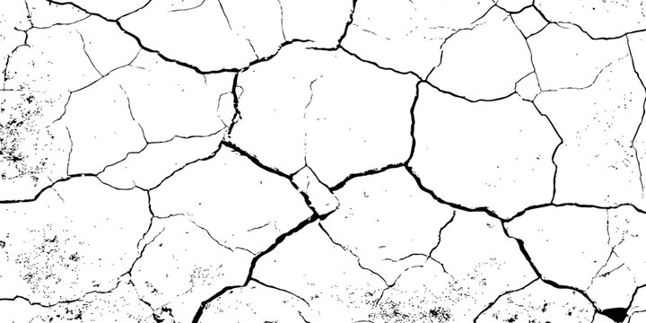 Cracked, parched earth texture in black and white with bold fissures and dry, fragmented patterns&mdash;ideal for desert, drought, or climate crisis visuals in design, illustration, or concept art.	