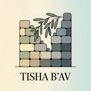 Tisha b'av featuring a broken stone wall and an olive branch on a gradient background