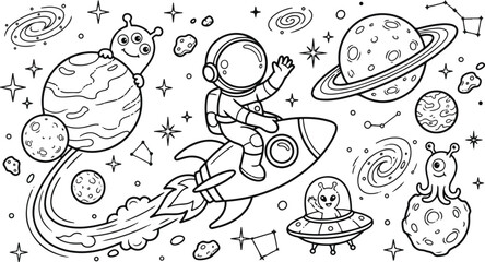Space adventure coloring page background with astronaut, rocket ship, and cosmic elements. © Akhi Ayra