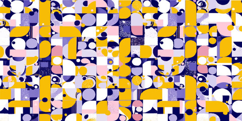 Colorful vector illustration of a seamless pattern featuring abstract cats and animals in a square jigsaw puzzle design for artistic wallpaper and decorative texture © fart and poop