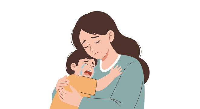 A mother comforts her crying baby on Mother's Day morning at home with love and care.