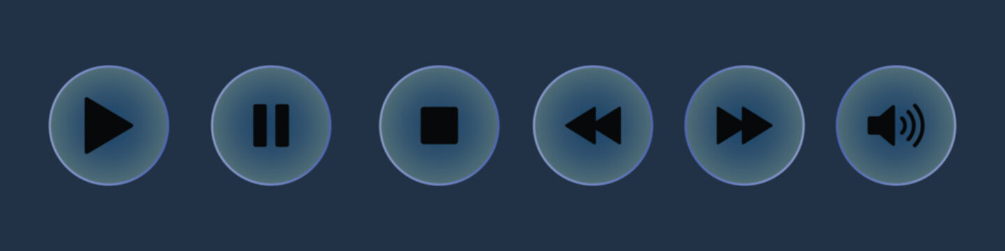 Media player control buttons with play pause stop rewind fast forward and volume icons in glass style.