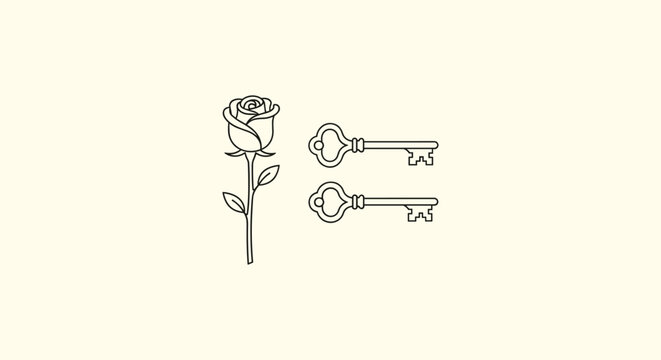 Vintage Rose Flower and Antique Key Line Art Icon Set on Cream Background Design