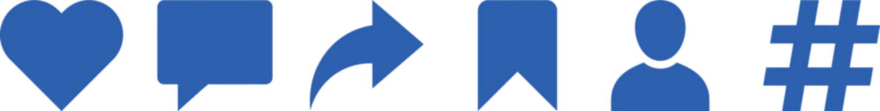 Social media interface icons featuring heart comment share bookmark user and hashtag symbols in blue.
