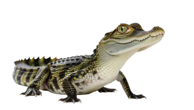 Isolated young caiman looking up, a beautiful baby reptile with detailed scales and vivid eyes