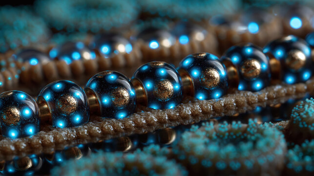 Bronze and Teal Iridescent Beads in Ornate Coral Structure, Macro Pattern