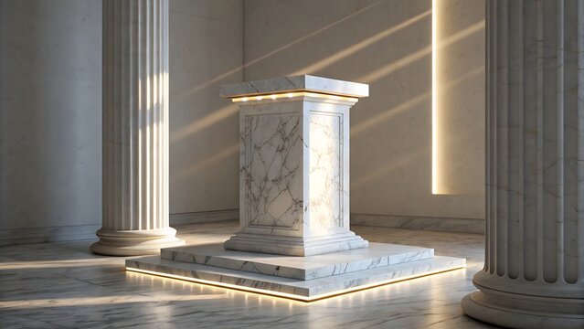A marble podium with a square base and top in a room with columns and illuminated by sunlight