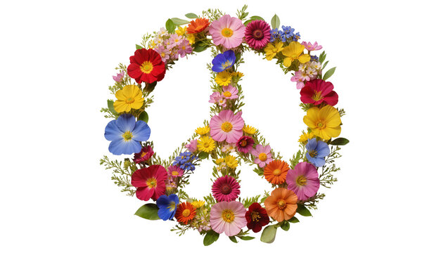 Isolated floral peace sign made from colorful natural spring flowers and green leaves