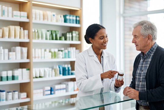 Professional female pharmacist in a white coat showing a pill bottle and explaining prescription instructions to a senior male customer in a modern drugstore