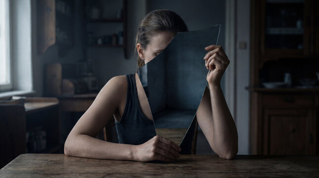 A young woman sits at a wooden table in a moody room, hiding her face behind a large shard of broken mirror reflecting an empty dark corner.